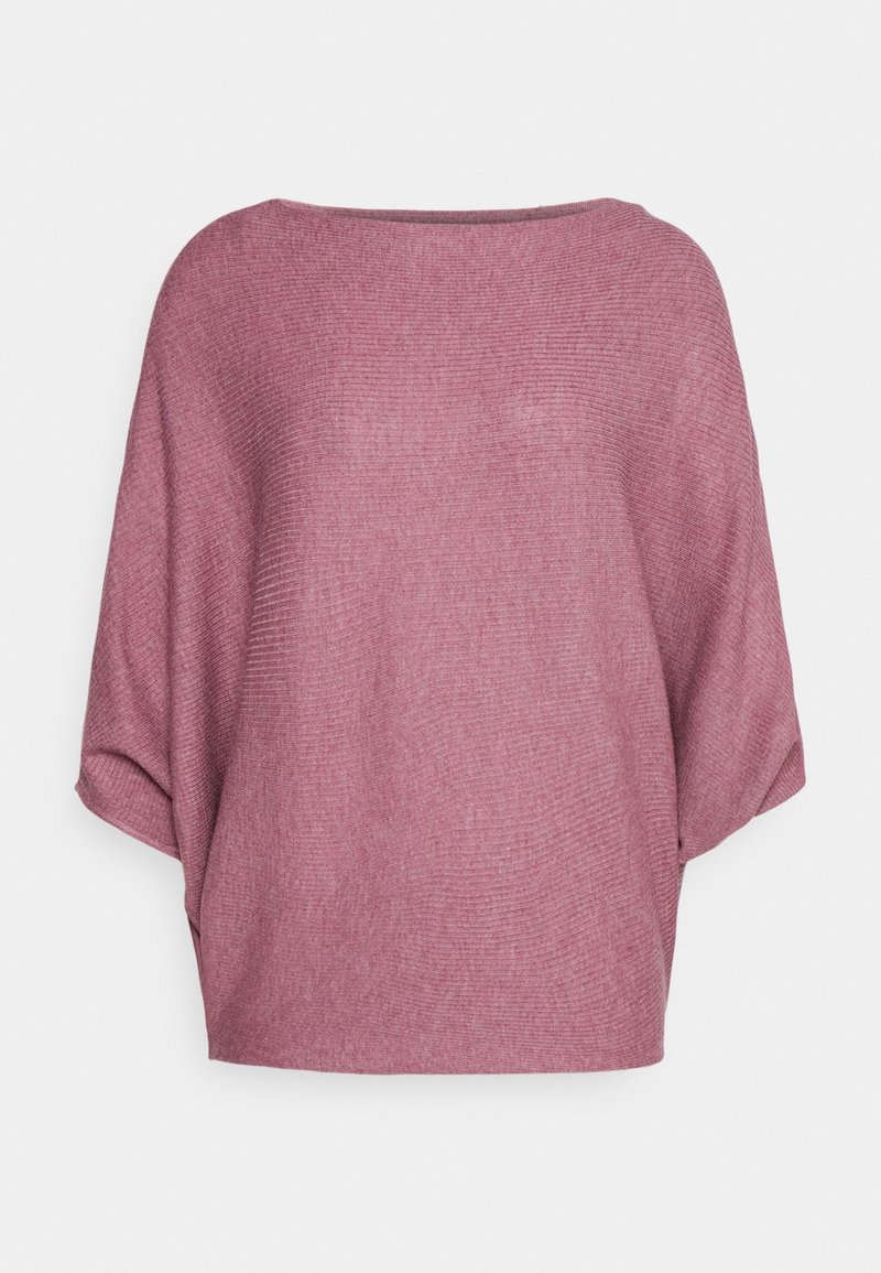 Luźny, ribbed pulower z miękkiego, mauve materiału. Posiada szeroki dekolt i krótkie, luźno opadające rękawy. Elastyczny i lekki fason.