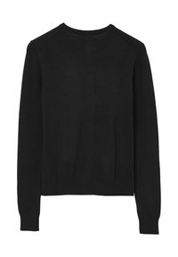 Maglione nero con scollo rotondo, maniche lunghe e polsini a costine. Realizzato in un tessuto liscio, presenta un design pulito e minimalista senza fantasie.