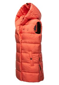 Padded orange Weste mit hohem Kragen, seitlichen Reißverschlusstaschen und Knopfverschlüssen. Glatte Textur mit gesteppten Abschnitten zur Isolierung.