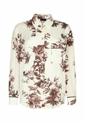 Chemise crème à manches longues avec boutons, imprimé floral marron, col pointu, poche poitrine avec bordure, et poignets à boutons.