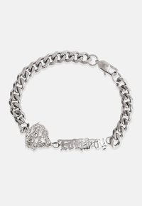 Hõbedane kettbracelet suure linkidega, millel on dekoratiivne südamevärv ja graveeritud silt sõnaga "Igavik". Sile tekstuur.