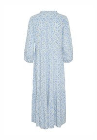 Ziedu midi kleita gaišzilā krāsā ar dzelteniem akcentiem, ar trīs ceturtdaļu piedurknēm, sakļautu svārku un apaļu dekoltē.