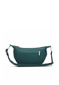 Borsa a spalla in tessuto teal con forma curva, tasca frontale con zip e tracolla completamente removibile. Texture liscia e design minimalista.