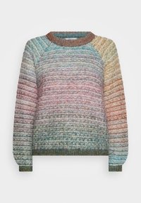 Maglione lavorato a maglia multicolore con un motivo testurizzato, dotato di un collo tondo a costine e polsini aderenti. Sfuma da tonalità di blu a ruggine.