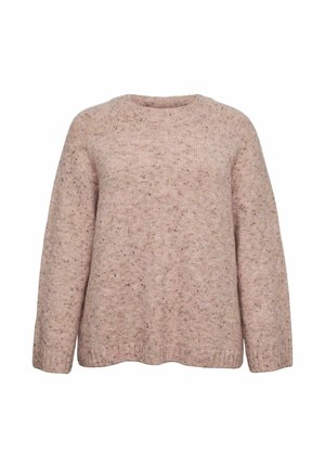 Knitted sweater in soft pink with a speckled texture. Features a crew neck, long sleeves, and a relaxed fit. Ribbed hem and cuffs.