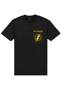Svart bomullströja med en gul blixtgrafik och texten "THE FLASH" ovanför. Kortärmad och klassisk rundhalsdesign.