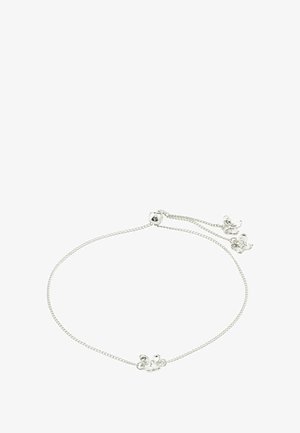 Bracciale a catena in argento con design strutturato, due decorazioni floreali, chiusura regolabile e finitura liscia. Aspetto elegante e minimalista.
