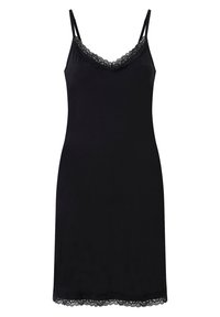 Zwarte camisole jurk van zacht materiaal, met een kanten rand bij de halslijn en de zoom, en verstelbare spaghettibandjes.