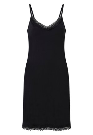 Abito nero sottoveste realizzato in materiale morbido, con scollatura e orlo rifiniti in pizzo, dotato di spalline sottili regolabili.