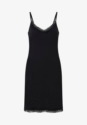Abito nero sottoveste realizzato in materiale morbido, con scollatura e orlo rifiniti in pizzo, dotato di spalline sottili regolabili.
