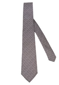 Prinditud kaelusrihm tumeda pruuni ja valgega, millel on geomeetriline muster. Sile siidmaterjal, terava tipuga ja õhuke lõige.