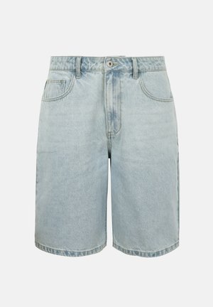 Light blue denim shorts with front button, belt loops, and two front pockets against a white background.