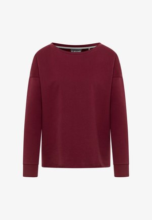 Bordeauxrotes Langarm-T-Shirt aus weichem Stoff. Es verfügt über einen Rundhalsausschnitt und eine lockere Passform mit überschnittenen Schultern und enganliegenden Bündchen.