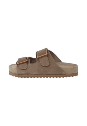 Sandali slide in suede tan con due cinghie regolabili, soletta testurizzata e suola in gomma rigata per una migliore aderenza. Design semplice e aperto.