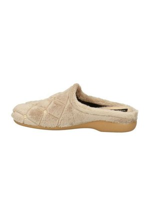 Pantofole in pelliccia sintetica beige con tomaia imbottita, design a quadrati trapuntati e suola testurizzata per una migliore aderenza. Foderato interno morbido per il massimo comfort.