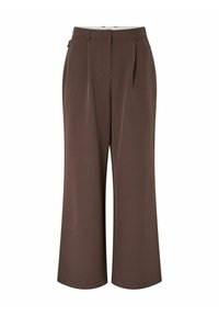 Pantaloni larghi a vita alta color marrone con passanti per cintura, pieghe frontali, tasche laterali e chiusura frontale invisibile con zip e bottone.