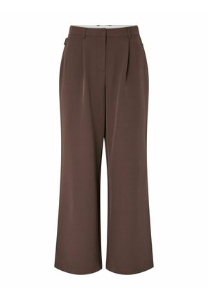 Brune højtaljede wide-leg bukser med bæltesløjfer, frontfolder, sidelommer og en skjult frontlynlås med knaplukning.