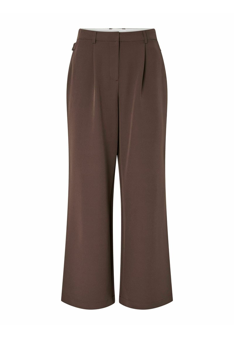 Pantaloni larghi a vita alta color marrone con passanti per cintura, pieghe frontali, tasche laterali e chiusura frontale invisibile con zip e bottone.