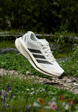 Λευκό παπούτσι για τρέξιμο Adidas Terrex με μαύρες ρίγες που αιωρείται πάνω από ένα βραχώδες μονοπάτι, περιβαλλόμενο από πράσινα φυτά και άγρια λουλούδια.