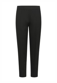 Black tailored trousers with a smooth fabric, tapered legs, and front seam detailing. An elastic waistband ensures a comfortable fit.