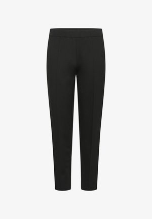 Melnas piegriezuma bikses ar gludu audumu, sašaurinātām kājām un priekšējo šuvju detaļām. Elastīga josta nodrošina ērtu piegulšanu.