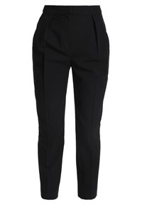 Svarta skräddarsydda byxor med hög midja, med veck framtill, smalnande ben och en jämn tygstruktur.