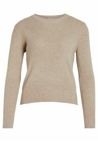 Pulover bej cu nervuri, cu mâneci lungi, guler rotund și o croială ușor scurtă. Materialul are o textură moale și variații subtile.
