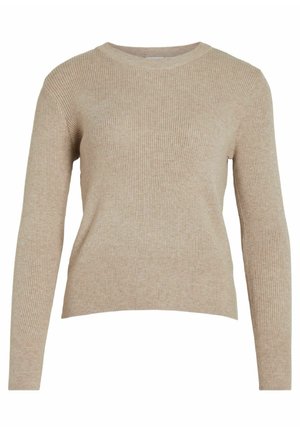 Beige ribbad tröja med långa ärmar, rund halsringning och en något kortad passform. Materialet har en mjuk textur och subtila variationer.