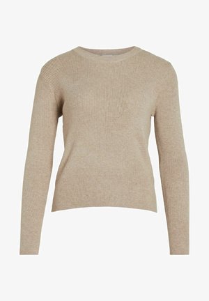 Pull beige côtelé à manches longues, col rond et coupe légèrement courte. Le matériau a une texture douce et des variations subtiles.