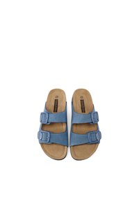 Sandali blu con due fibbie regolabili, soletta imbottita color nocciola e superficie liscia. Design piatto adatto per un uso casual.