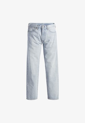 Jeans in denim bluastro con design a gamba dritta, chiusura con bottone, cinque tasche e una texture di leggera scoloritura. Presentano dettagli in metallo.