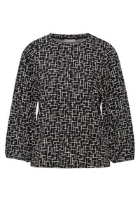 Schwarzes Langarmshirt mit einem weißen geometrischen Muster. Weicher Stoff, runder Ausschnitt und eine leicht lockere Passform mit gerafften Bündchen.
