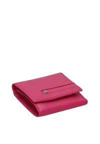 Portafoglio in pelle rosa con superficie texture, design pieghevole e un piccolo accento metallico. Presenta una chiusura a pattina e dimensioni compatte.
