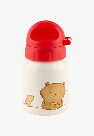 Edelstahl-Wasserflasche mit einem roten Kunststoffdeckel, ausgestattet mit einem Comic-Bären und einem kleinen Tier auf einer weißen Oberfläche, einfaches und rundes Design.