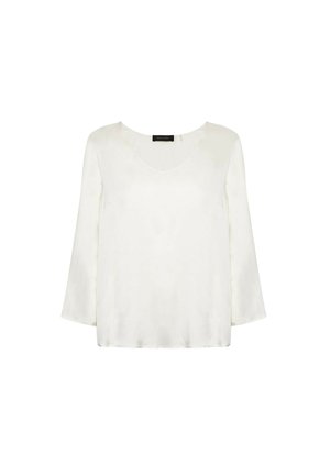 Weißer Seidenbluse mit langen Ärmeln, Rundhalsausschnitt und lockerer Passform. Verfügt über eine glatte Textur und leichten Glanz, ohne Verzierungen.