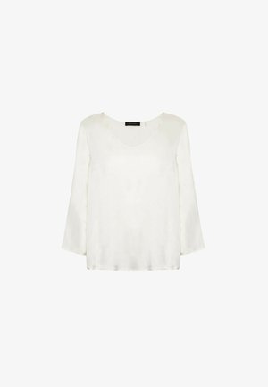 Witte zijden blouse met lange mouwen, ronde hals en een ontspannen pasvorm. Heeft een gladde textuur en een lichte glans, zonder versieringen.