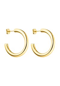 Goldfarbene Creolenohrringe mit einer glatten, glänzenden Oberfläche, versehen mit einem geschwungenen, offenen Design und einer Steckverschluss.