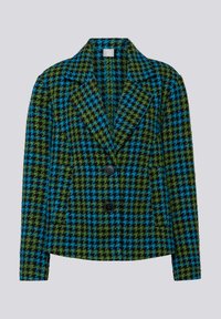 Blazer with a houndstooth pattern in blue, green, and black. Features a notched collar and two front buttons. Textured fabric.