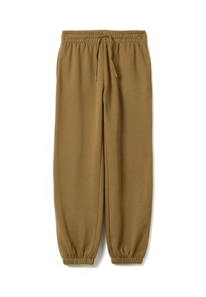 Losse bruine joggingbroek met elastische tailleband, trekkoord, zijzakken en elastische boorden bij de enkels.