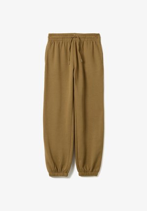 Losse bruine joggingbroek met elastische tailleband, trekkoord, zijzakken en elastische boorden bij de enkels.