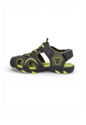 Sandalo sportivo per bambino in grigio scuro e verde neon con cinturini regolabili in velcro e pannelli in mesh traspirante.