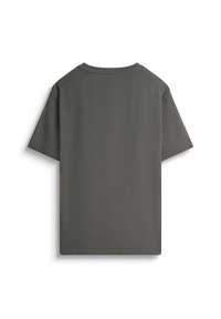 T-shirt grigio a maniche corte con colletto a girocollo, realizzato in un tessuto testurizzato. Presenta un design semplice e minimalista senza loghi o motivi visibili.
