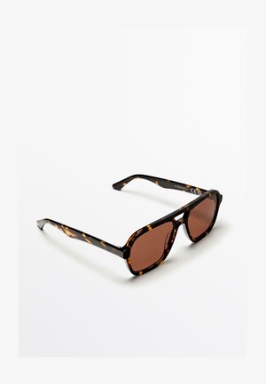 Tortoiseshell sunglasses with rectangular lenses, brown tinted frames, and a glossy finish. Features sturdy, wide temples.