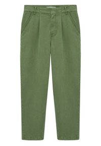 Pantalons vert olive en tissu doux, avec une coupe décontractée, deux poches avant, une taille mi-haute et de discrètes plis avant.