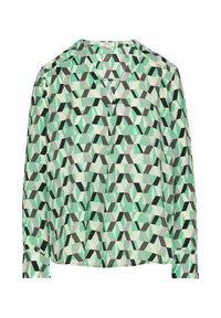 Blouse met geometrisch patroon, voorzien van een V-hals, lange mouwen en een mix van mintgroen, zwart en witte tinten op lichte stof.