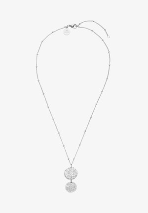 Collier en argent avec de petites perles le long de la chaîne, comportant deux pendentifs ronds irréguliers texturés suspendus verticalement.