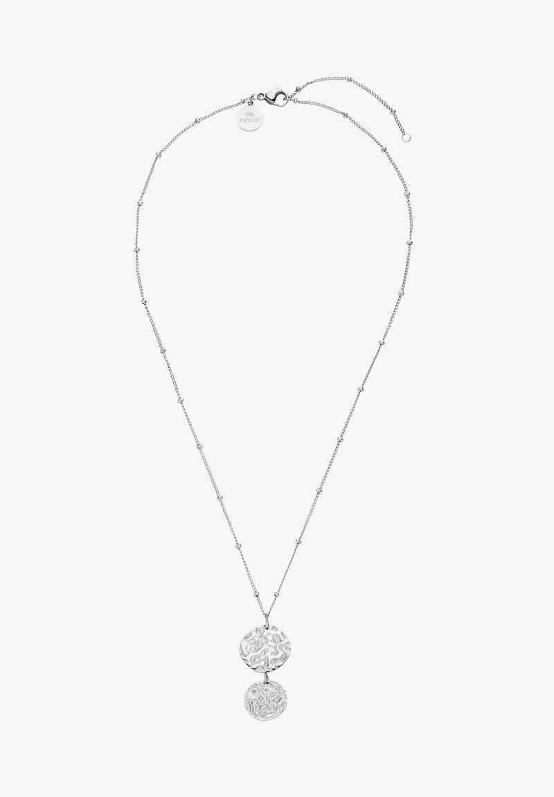 Collier en argent avec de petites perles le long de la chaîne, comportant deux pendentifs ronds irréguliers texturés suspendus verticalement.
