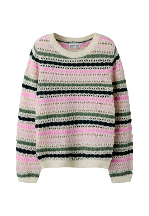 Long-sleeve knit sweater with openwork pattern featuring horizontal stripes in pink, green, black, and cream colors.