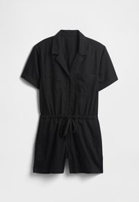 Mono negro de manga corta hecho de tela ligera, con cuello, botones delanteros, dos bolsillos en el pecho y cintura ajustable con cordón.