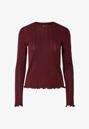 Langärmliger kastanienbrauner Pullover mit gerippter Textur, rundem Ausschnitt und gewelltem Saum. Verfügt über dezente vertikale Linien und offene Strickdetails an den Ärmeln.